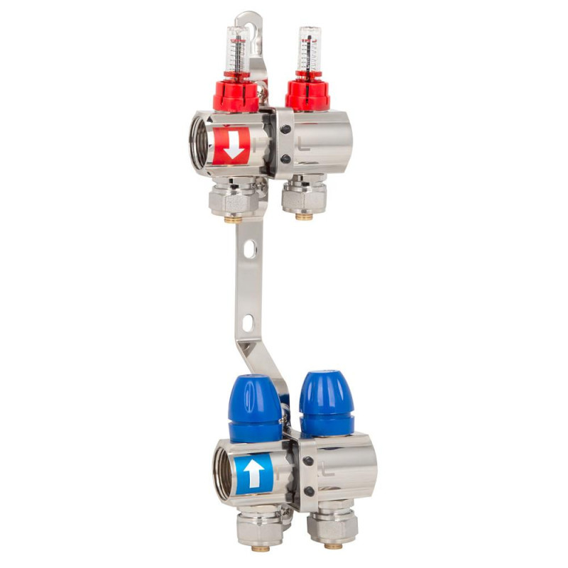 Manifold set with flow meters ITAL IT02-H2001 1"–3/4", eurocone, 2 outlets, brass