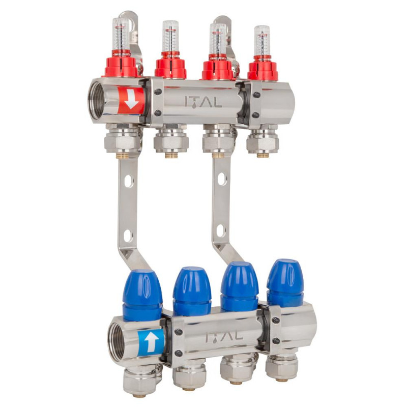 Manifold set with flow meters ITAL IT04-H2001 1"–3/4", eurocone, 4 outlets, brass