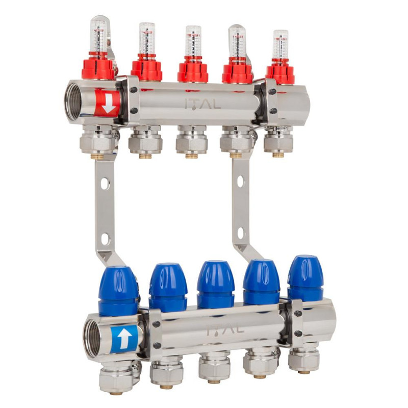 Manifold set with flow meters ITAL IT05-H2001 1"–3/4", eurocone, 5 outlets, brass