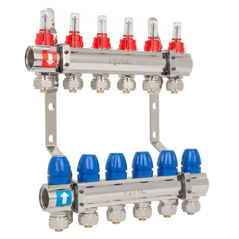 Manifold set with flow meters ITAL IT06-H2001 1"–3/4", eurocone, 6 outlets, brass
