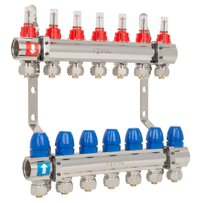Manifold set with flow meters ITAL IT07-H2001 1"–3/4", eurocone, 7 outlets, brass