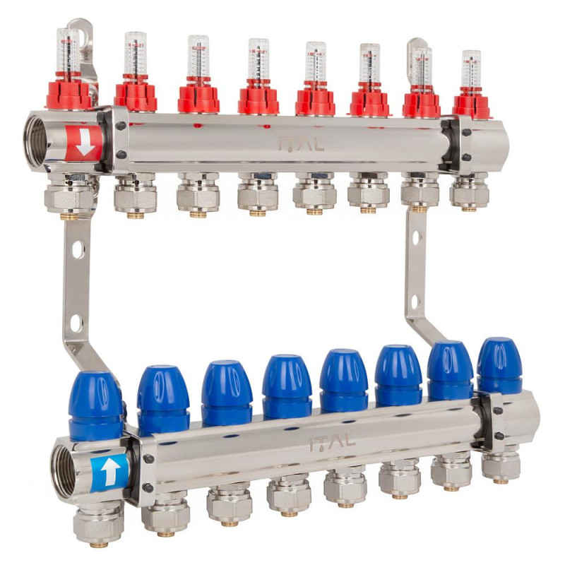 Manifold set with flow meters ITAL IT08-H2001 1"–3/4", eurocone, 8 outlets, brass