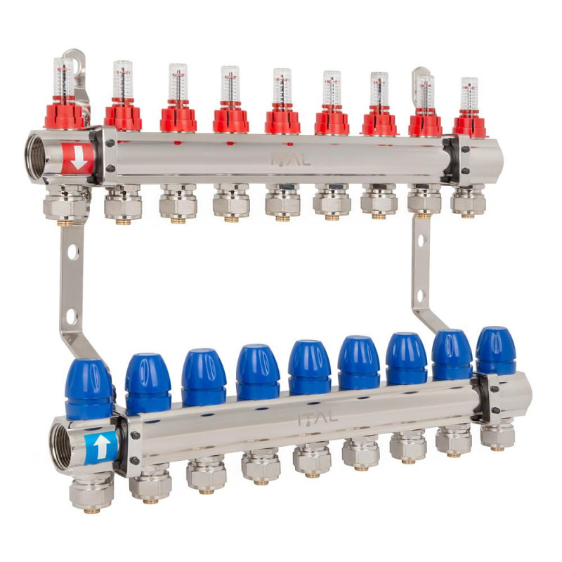 Manifold set with flow meters ITAL IT09-H2001 1"–3/4", eurocone, 9 outlets, brass