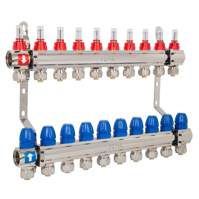 Manifold set with flow meters ITAL IT10-H2001 1"–3/4", eurocone, 10 outlets, brass