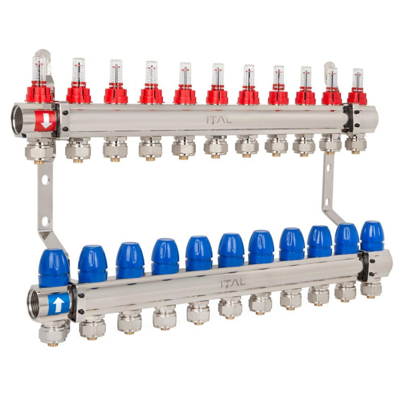 Manifold set with flow meters ITAL IT11-H2001 1"–3/4", eurocone, 11 outlets, brass