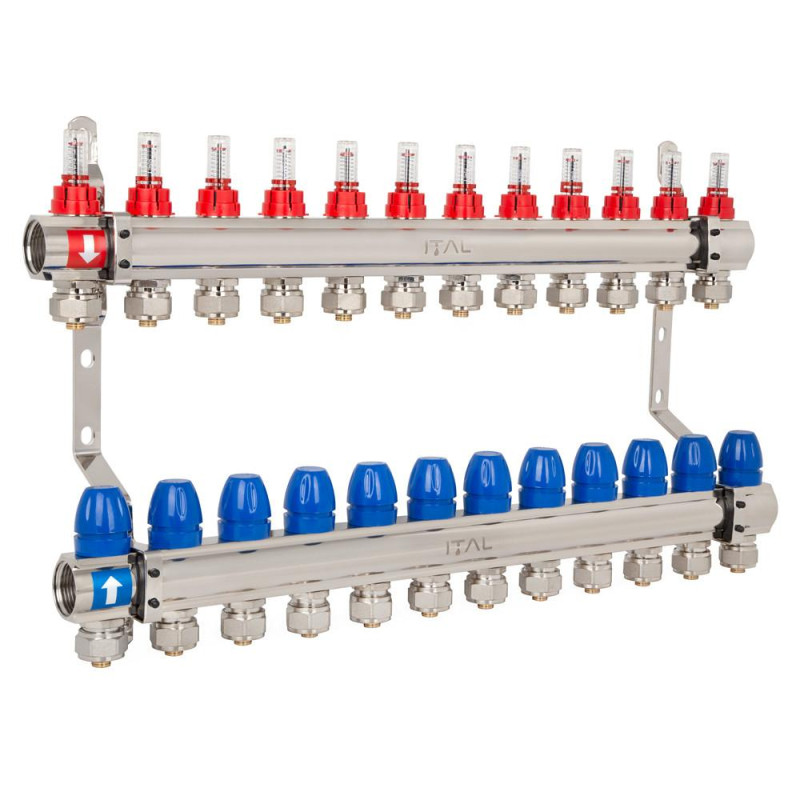 Manifold set with flow meters ITAL IT12-H2001 1"–3/4", eurocone, 12 outlets, brass