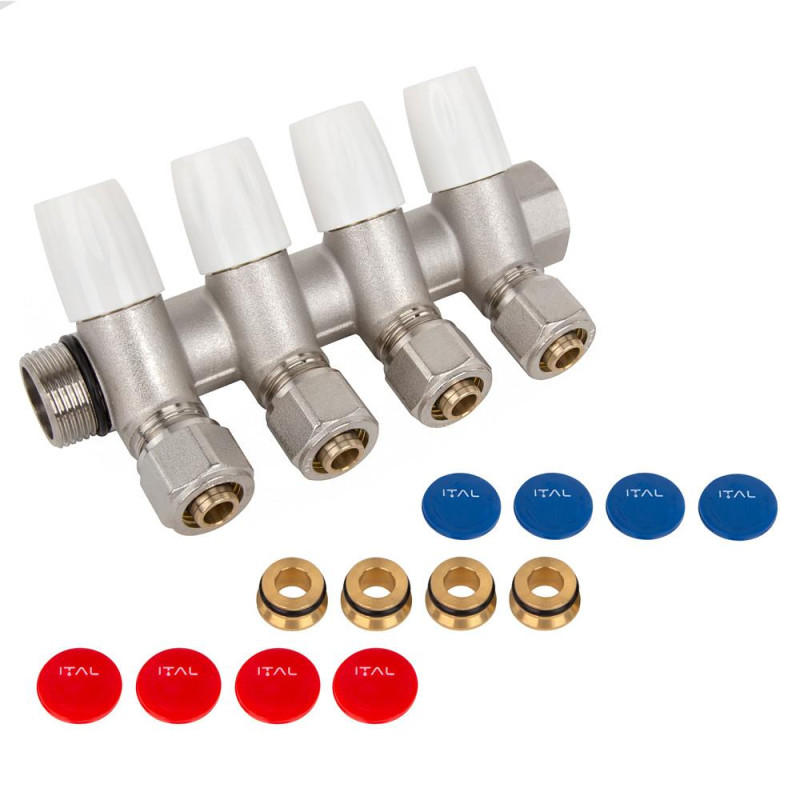 Water manifold ITAL IT04-105A1 with adjustable valves, 3/4"x16x2, 4 outlets, brass