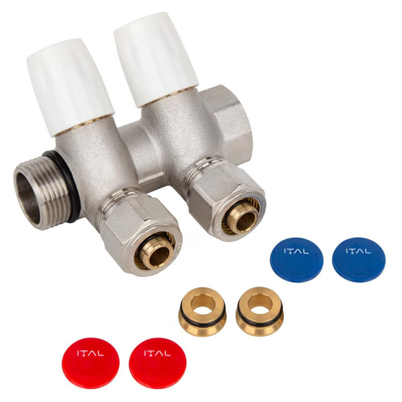 Water manifold ITAL IT02-105A1 with adjustable valves, 3/4"x16x2, 2 outlets, brass