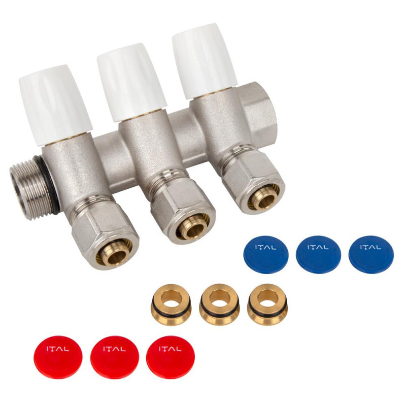 Water manifold ITAL IT03-105A1 with adjustable valves, 3/4"x16x2, 3 outlets, brass