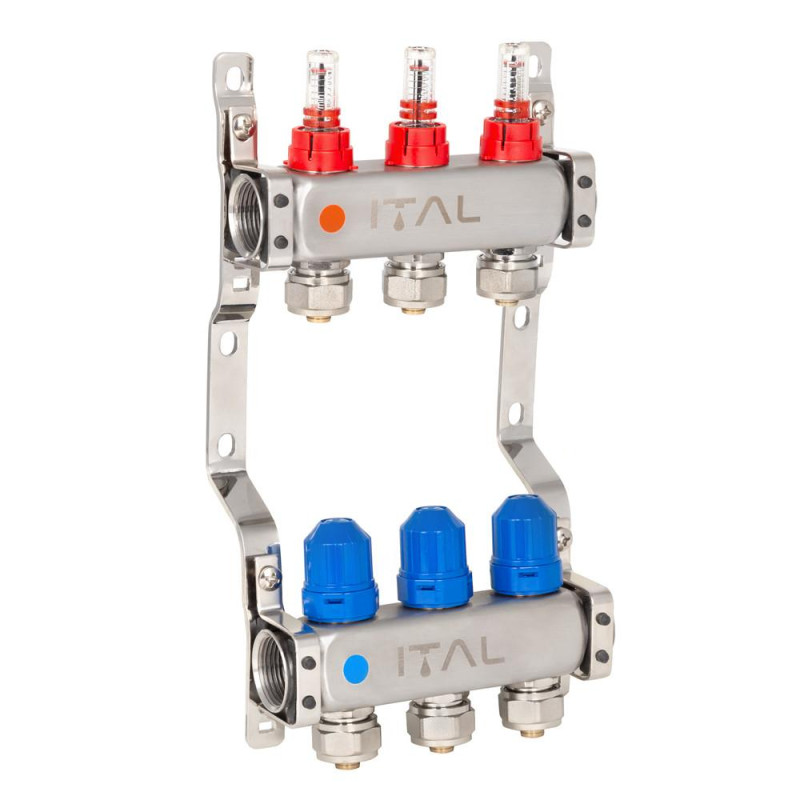 Manifold block with flow meters ITAL HC1-03 x 3/4"Ek, stainless steel