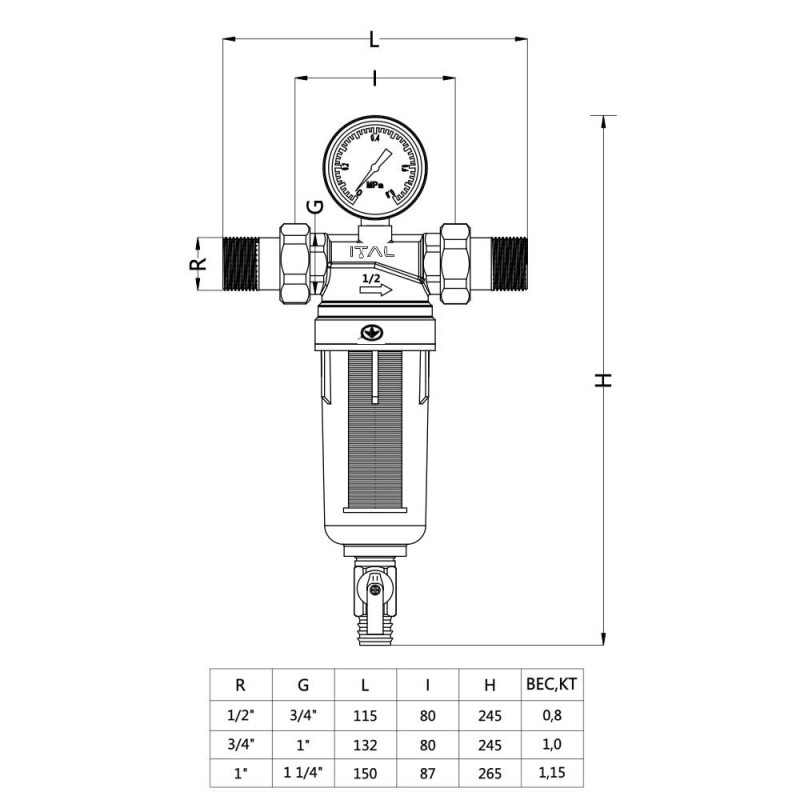 Фільтр промивний ITAL IT12-H8910 для холодної води 1/2", з ключем, прозорий image