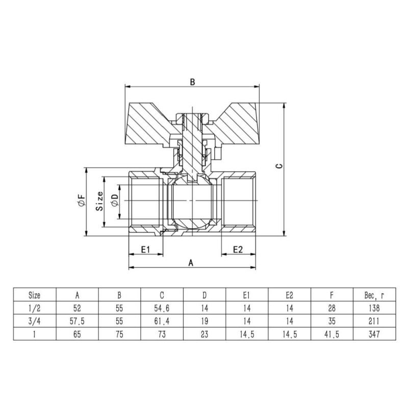 Кран кульовий ITAL PN40 1/2" вн.-вн., метелик, нікель image