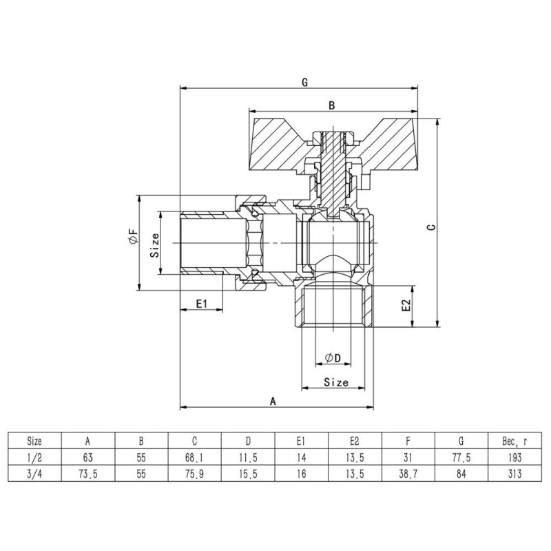 Кран кульовий з напівзгоном ITAL PN40 1/2", кутовий, нікель image