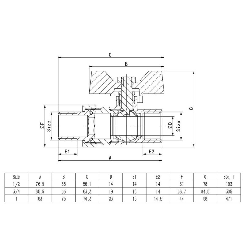 Кран кульовий з напівзгоном ITAL PN40 3/4", прямий, нікель image