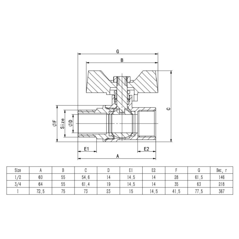 Кран кульовий ITAL PN40 1/2" вн.-зов., метелик, нікель image