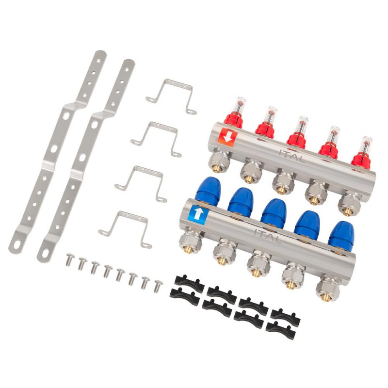 Manifold set with flow meters ITAL IT05-H2001 1"–3/4", eurocone, 5 outlets, brass image