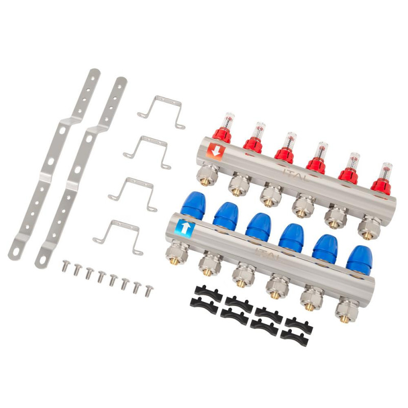 Manifold set with flow meters ITAL IT06-H2001 1"–3/4", eurocone, 6 outlets, brass image