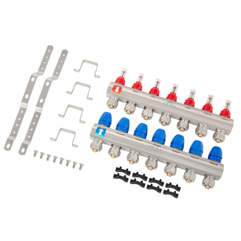 Manifold set with flow meters ITAL IT07-H2001 1"–3/4", eurocone, 7 outlets, brass image