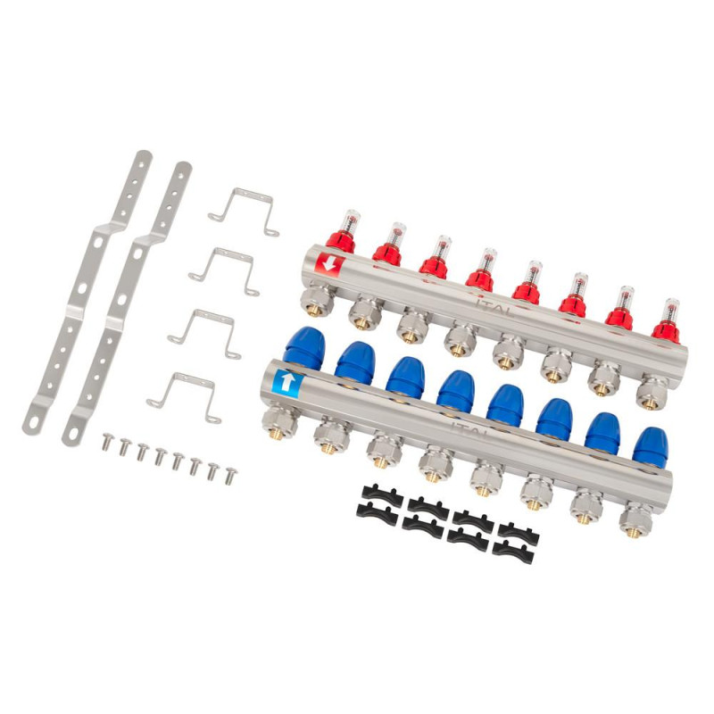 Manifold set with flow meters ITAL IT08-H2001 1"–3/4", eurocone, 8 outlets, brass image