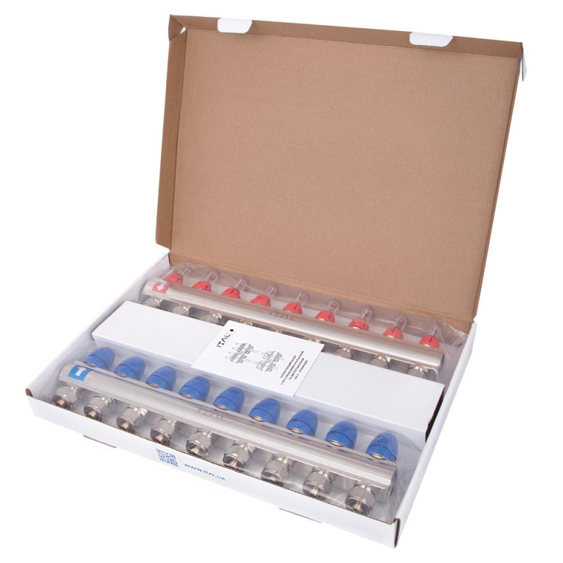 Manifold set with flow meters ITAL IT09-H2001 1"–3/4", eurocone, 9 outlets, brass image