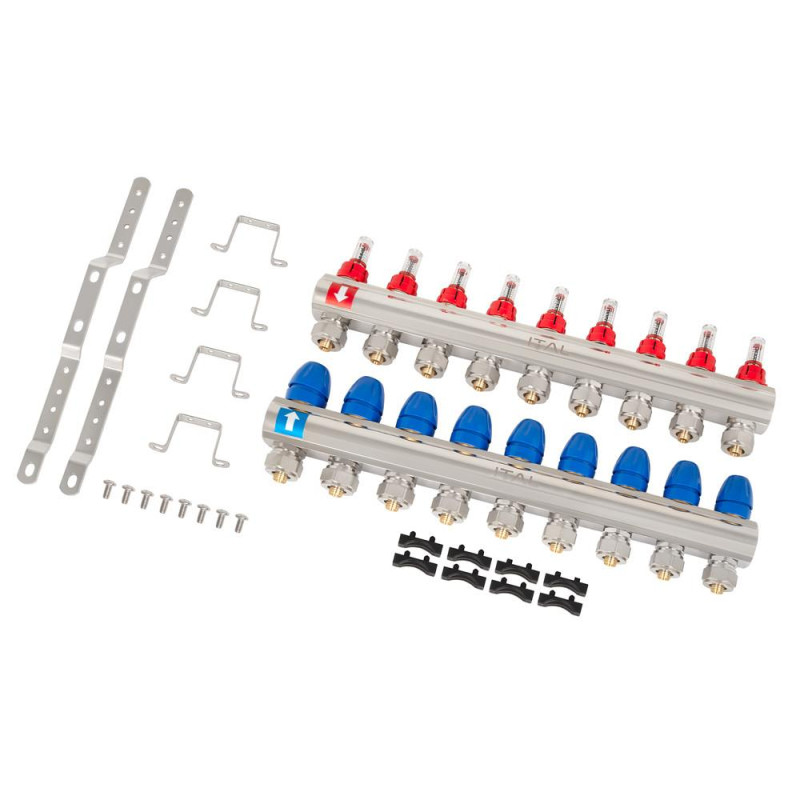 Manifold set with flow meters ITAL IT09-H2001 1"–3/4", eurocone, 9 outlets, brass image