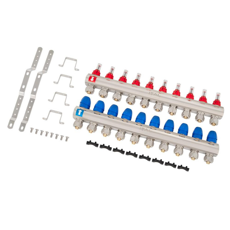 Manifold set with flow meters ITAL IT10-H2001 1"–3/4", eurocone, 10 outlets, brass image