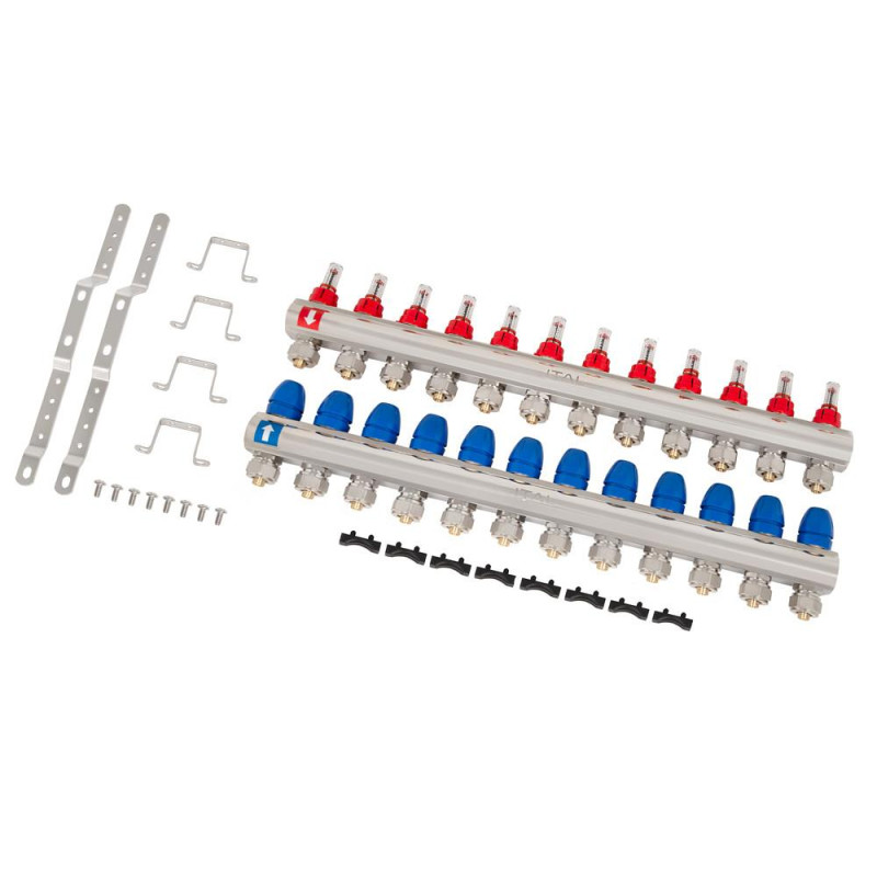 Manifold set with flow meters ITAL IT12-H2001 1"–3/4", eurocone, 12 outlets, brass image