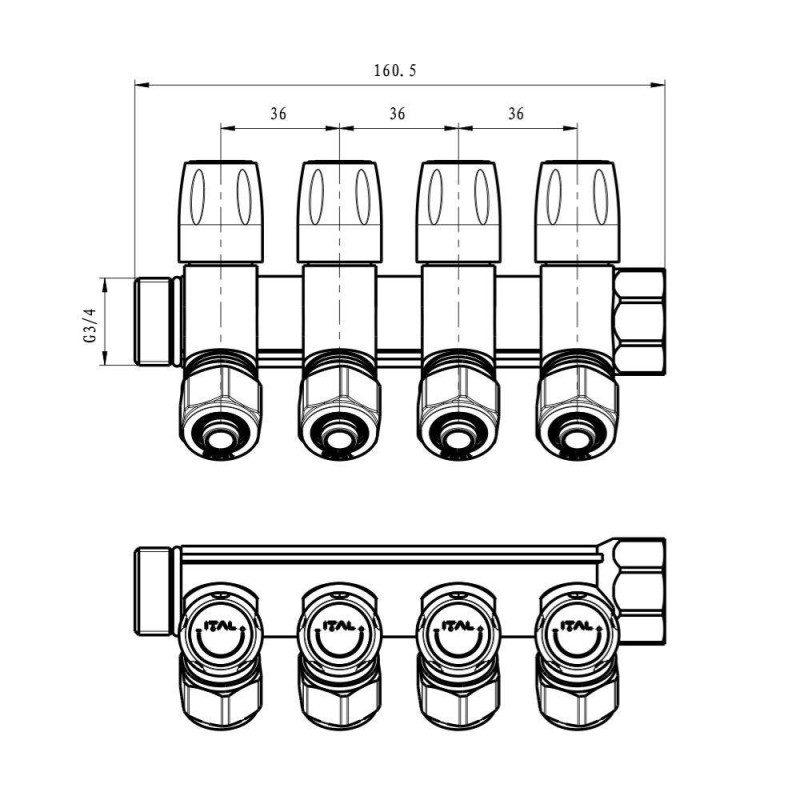 Water manifold ITAL IT04-105A1 with adjustable valves, 3/4"x16x2, 4 outlets, brass image