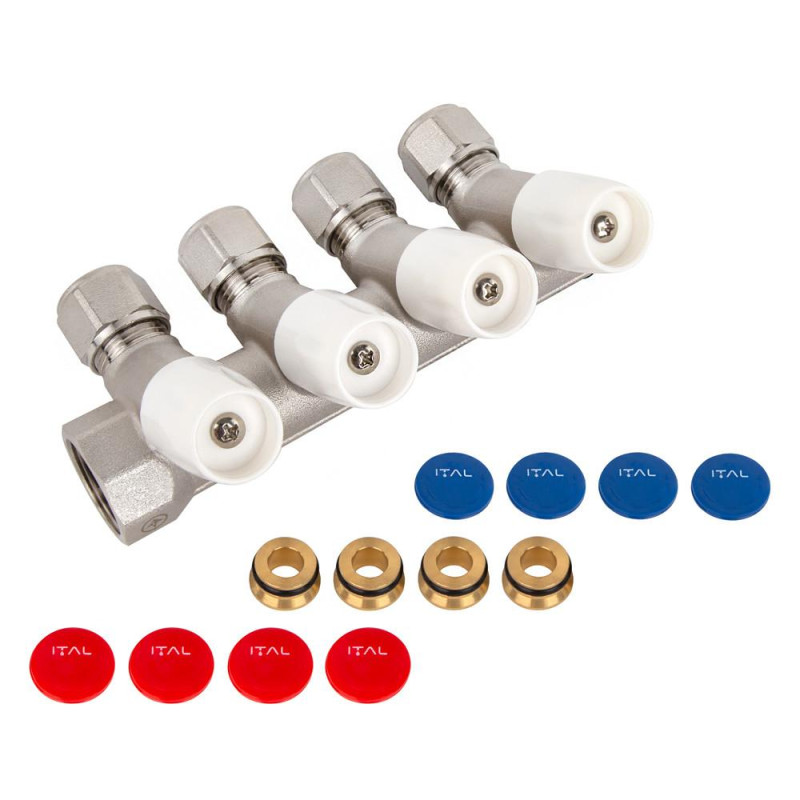 Water manifold ITAL IT04-105A1 with adjustable valves, 3/4"x16x2, 4 outlets, brass image
