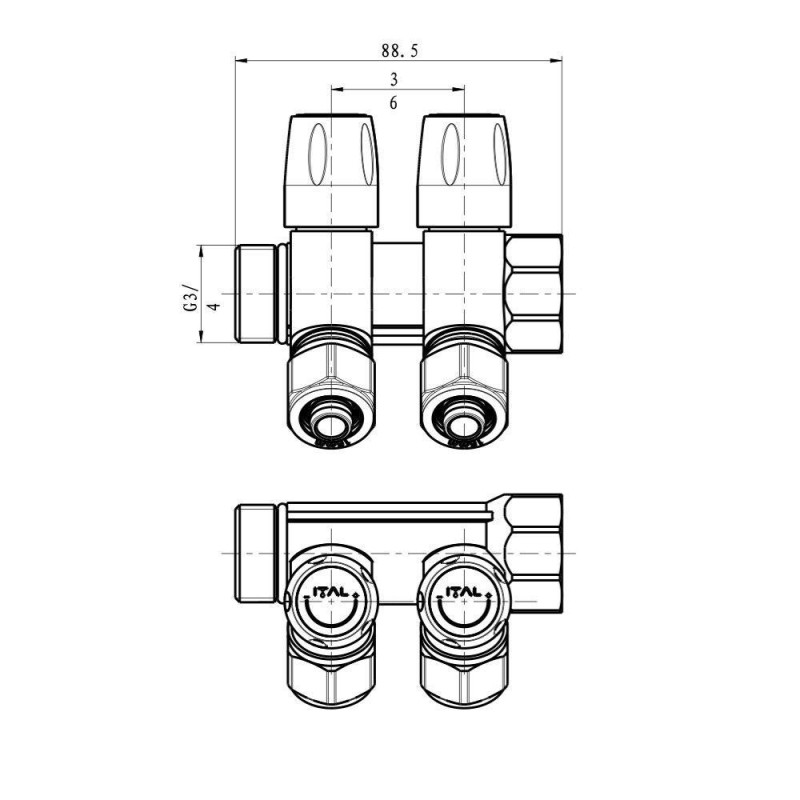 Water manifold ITAL IT02-105A1 with adjustable valves, 3/4"x16x2, 2 outlets, brass image