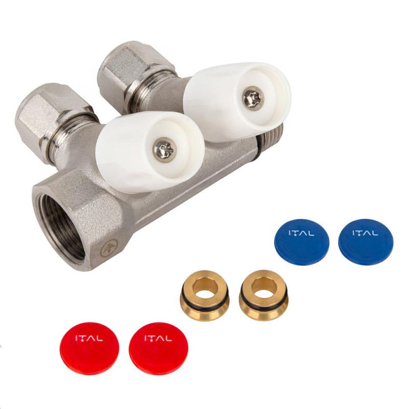 Water manifold ITAL IT02-105A1 with adjustable valves, 3/4"x16x2, 2 outlets, brass image