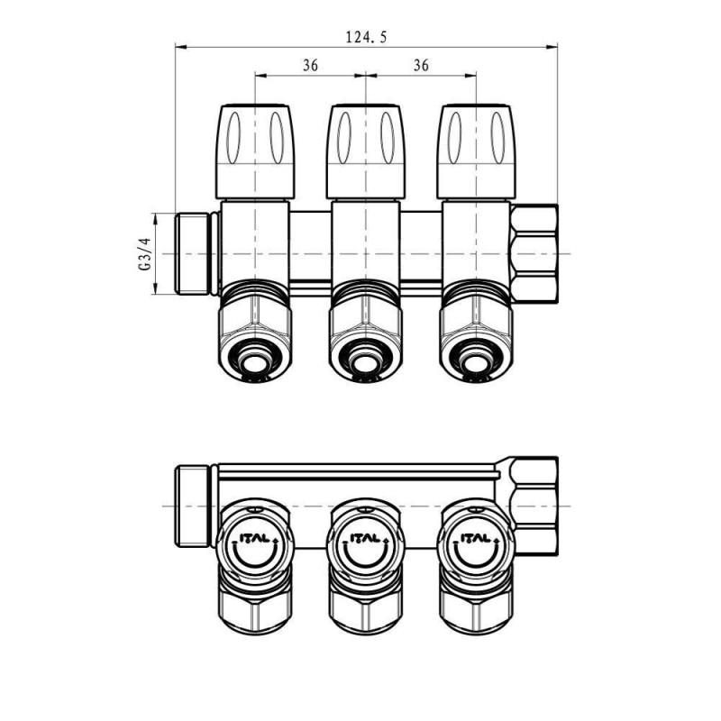 Water manifold ITAL IT03-105A1 with adjustable valves, 3/4"x16x2, 3 outlets, brass image