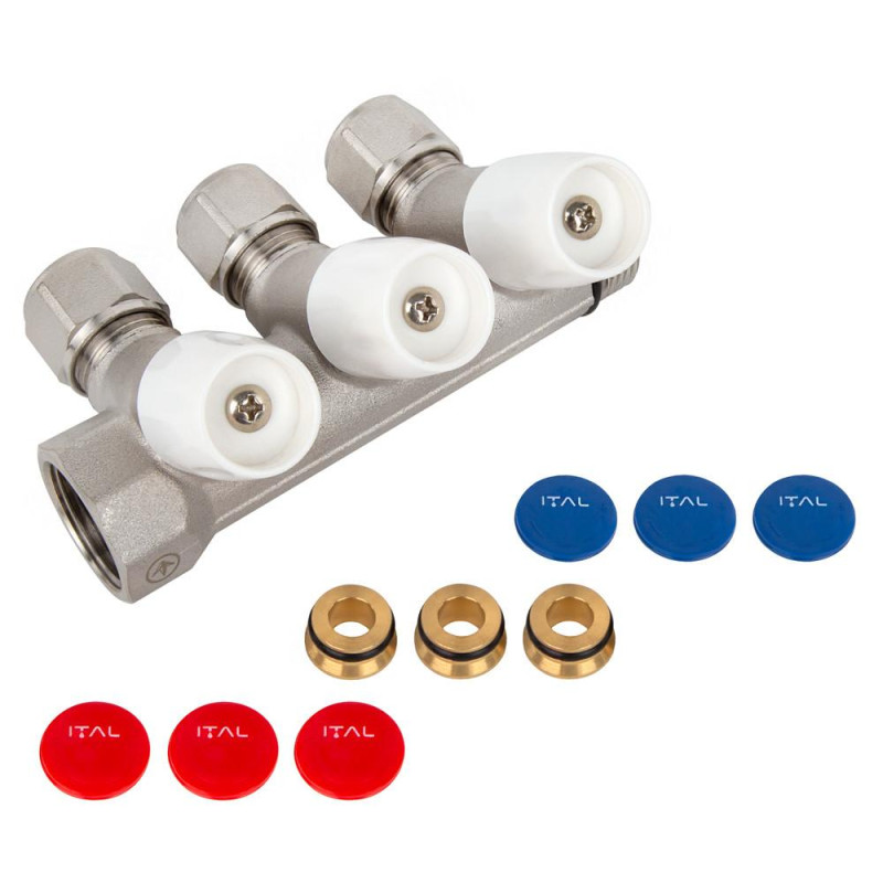 Water manifold ITAL IT03-105A1 with adjustable valves, 3/4"x16x2, 3 outlets, brass image